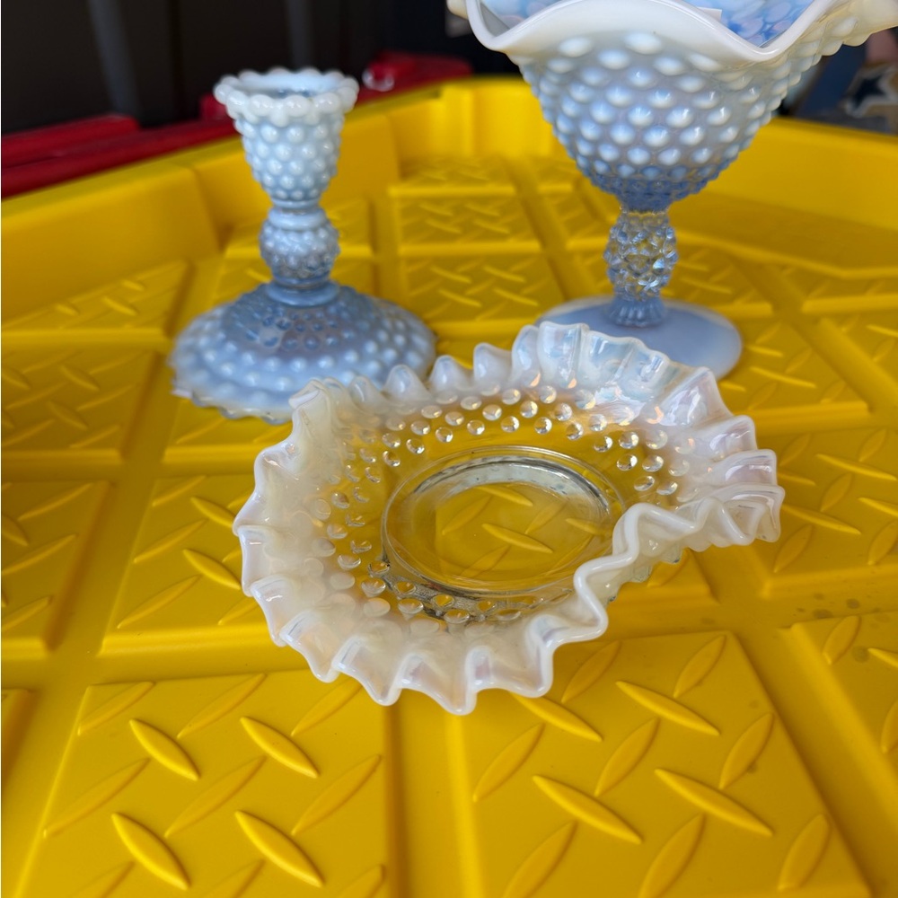 Vintage Fenton Blue Opalescent Hobnail Pedestal Vase, Ruffled bowl, Candlestick